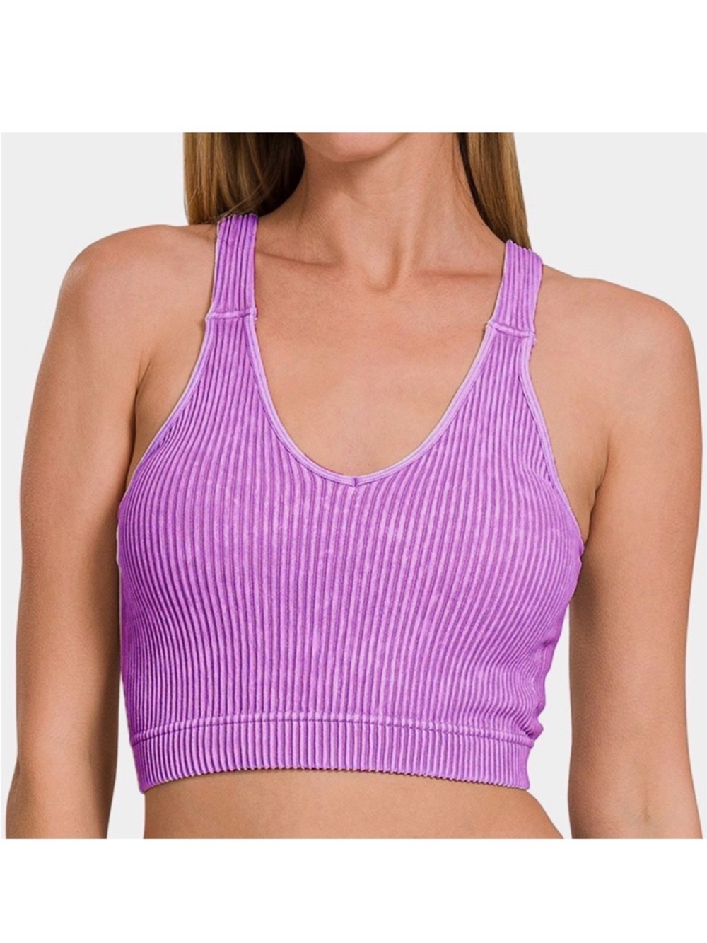 Ribbed V-Neck Bralette Crop Top in Lavender